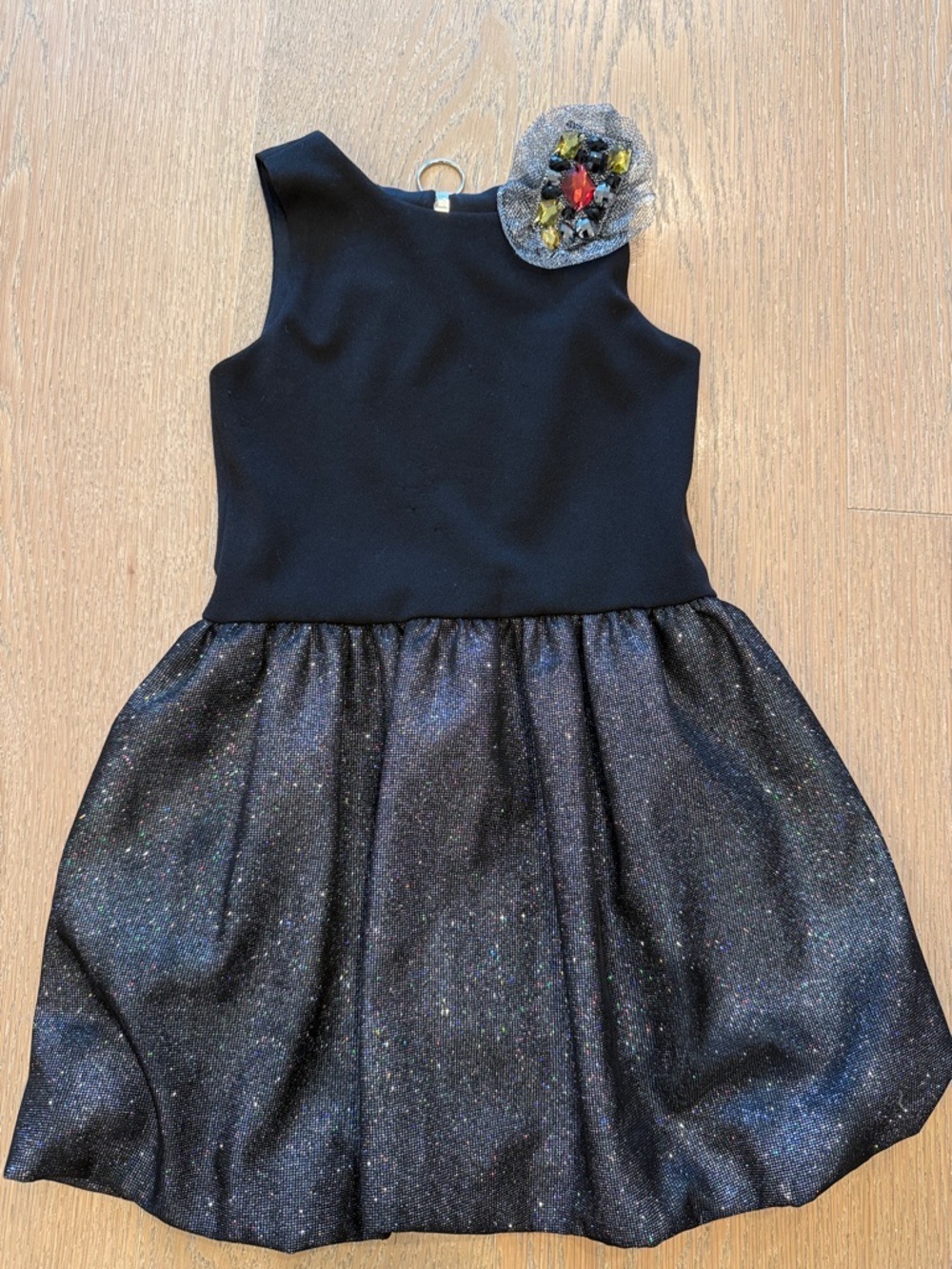 Zoe Ltd Black Glitter Formal Girls Dress with Floral Brooch
